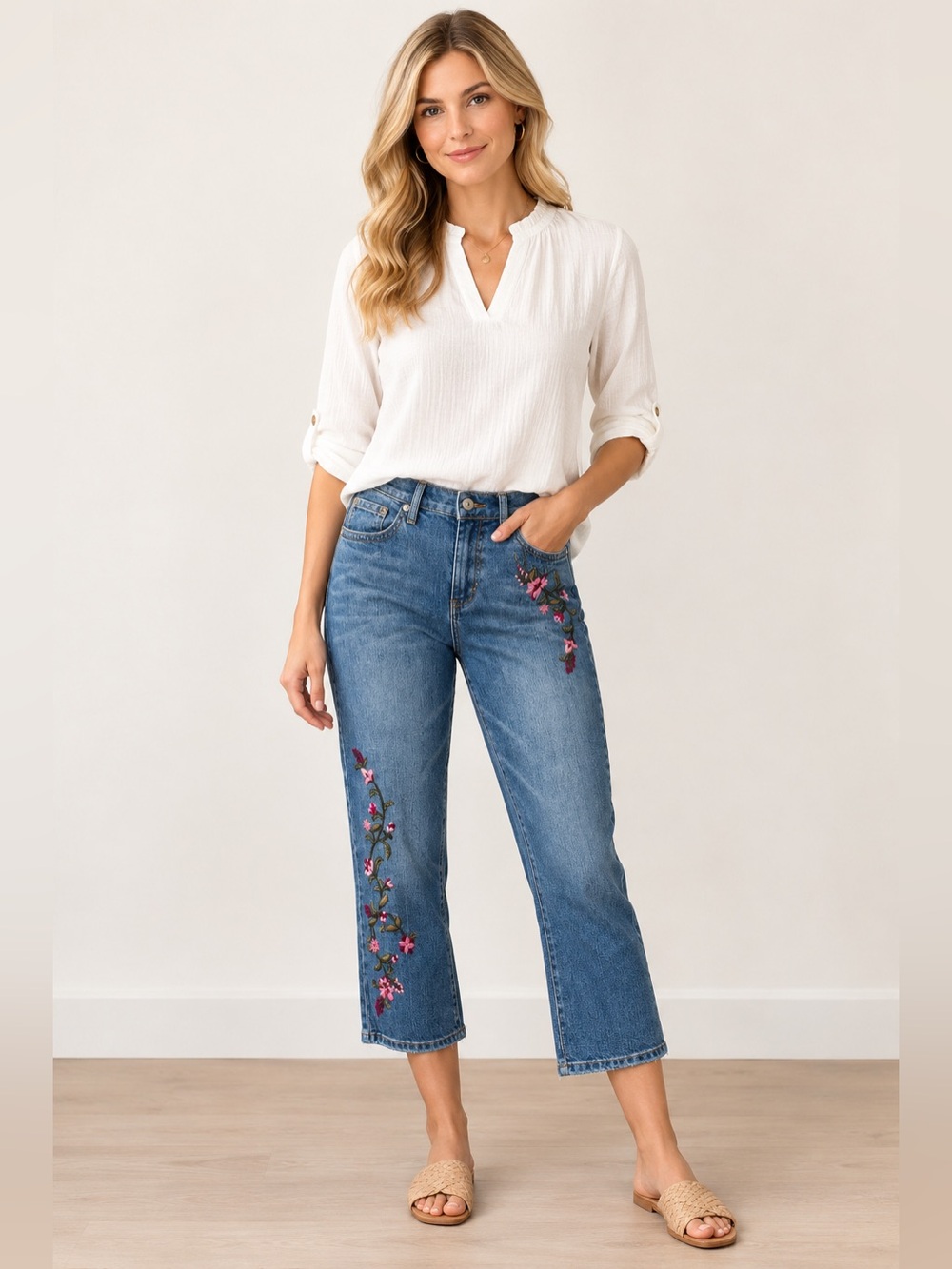 Z. Cavaricci Blue Cropped Jeans with Pink Floral Embroidery Size 14